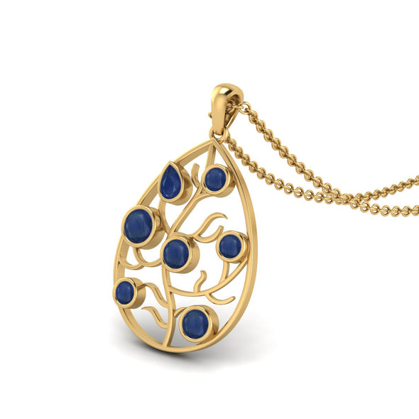 9k Yellow Gold Plated Pear Shape Blue Sapphire Open Filigree Necklace For Women Wedding Gift
