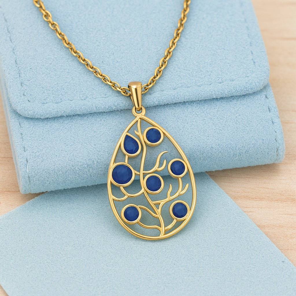 Blue Sapphire 3.80 Ct Pear Branch Teardrop Pendant - 14k Yellow Gold