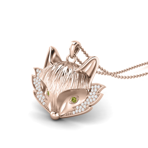 0.50 Ctw Round Shape Peridot Gemstone 925 Sterling Silver Fox Head Face Pendant Animal Lover Necklace