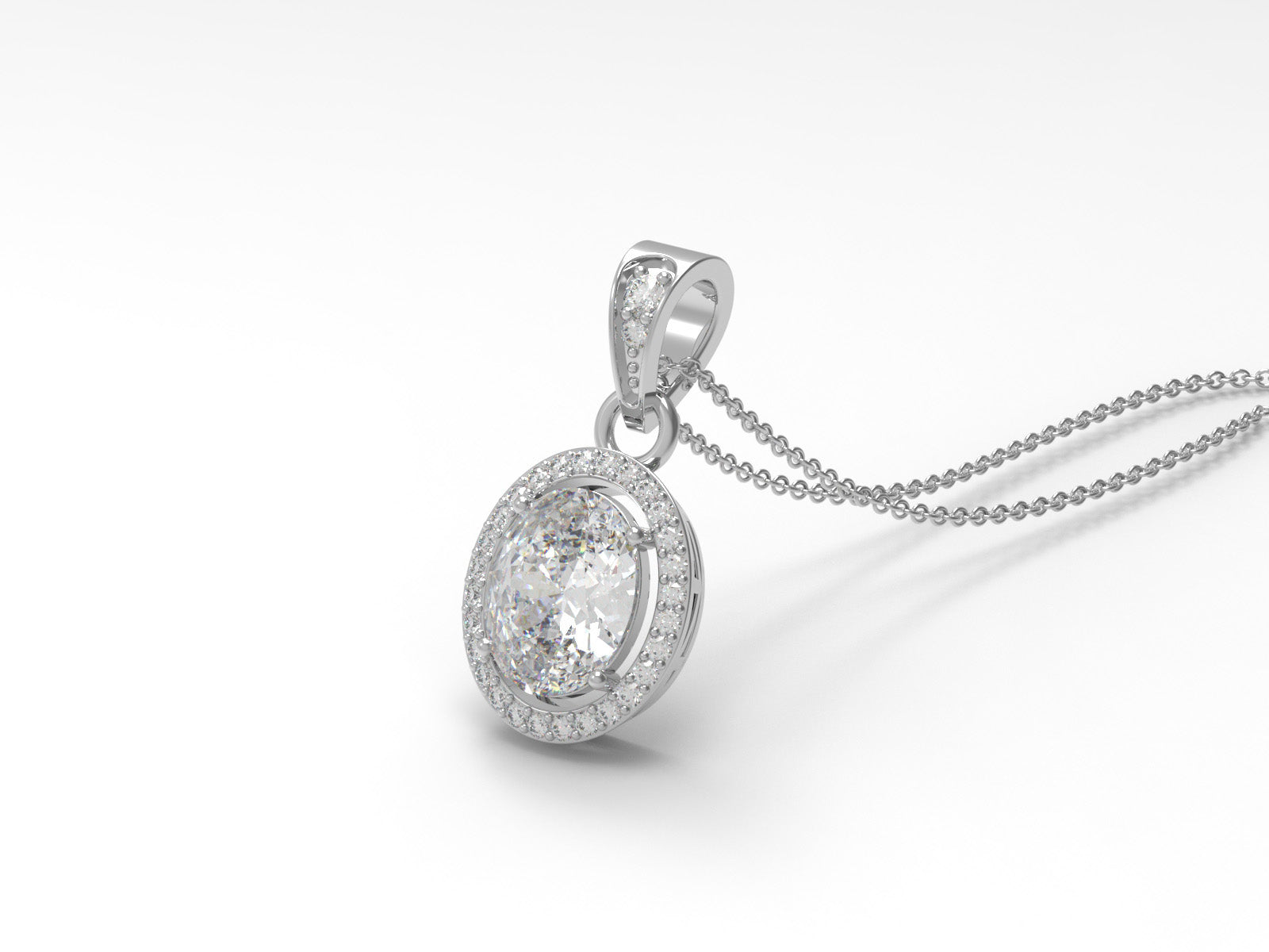 Oval Moissanite Halo Pendant Necklace - Sterling Silver
