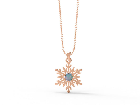 Round Opal 925 Sterling Silver Solitaire Snowflake Minimalist Christmas Necklace