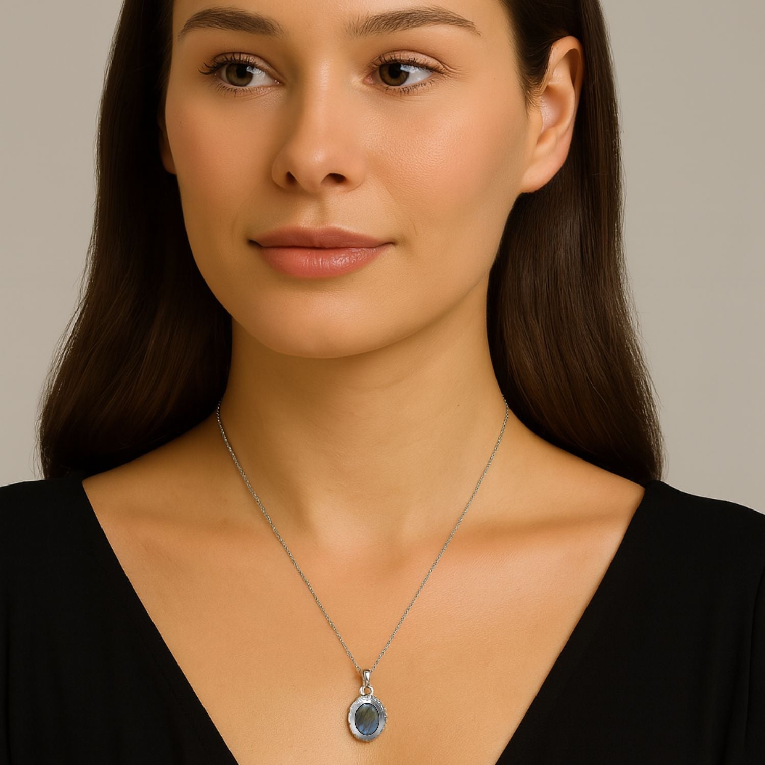 Labradorite Oval Solitaire Necklace - Sterling Silver
