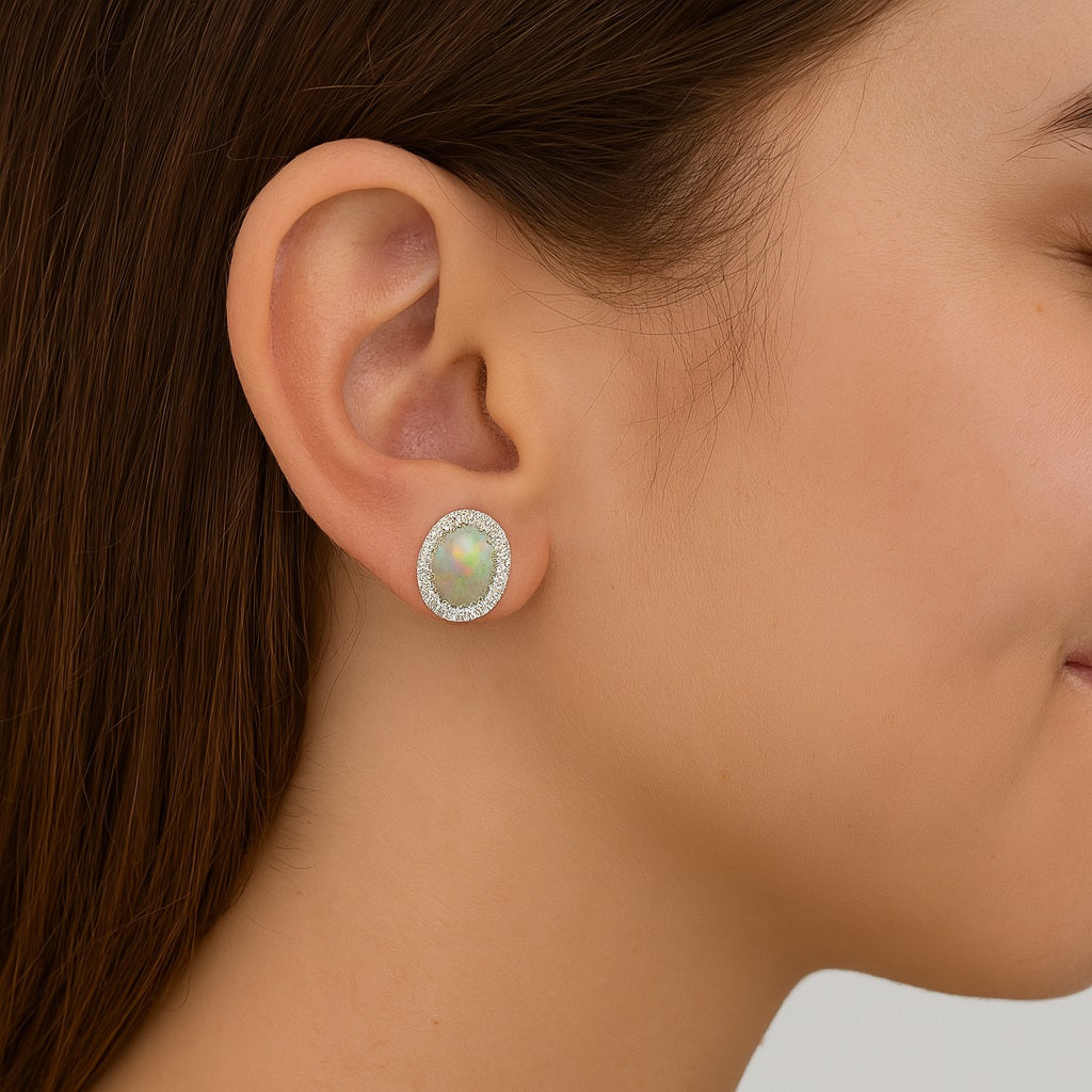 Oval Ethiopian Opal Halo Stud Earrings – Sterling Silver
