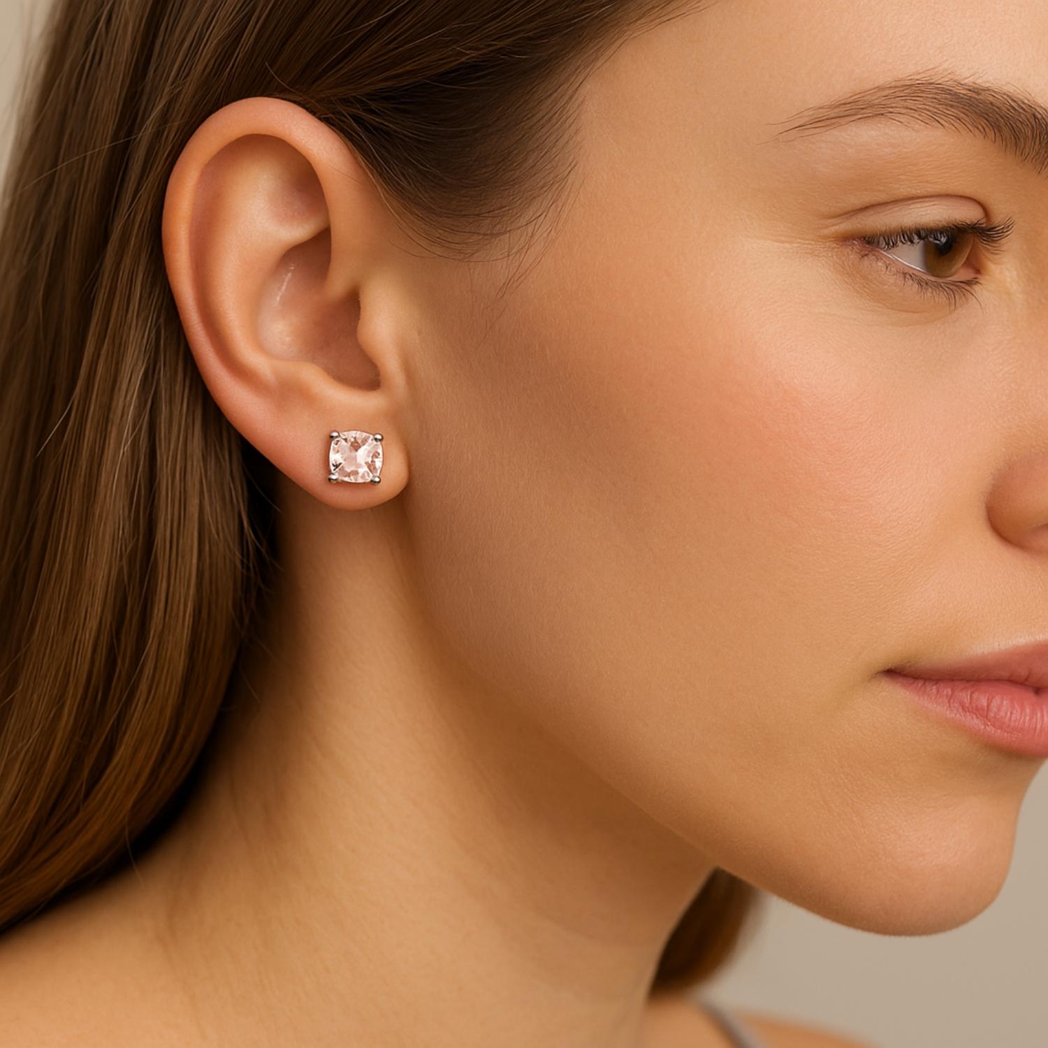 Cushion Cut Morganite Stud Earrings – Sterling Silver