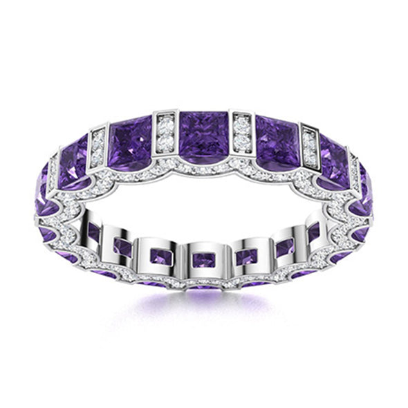 Richfeel Ring! Square Cut Amethyst CZ Wedding Band 925 Sterling Silver Ring