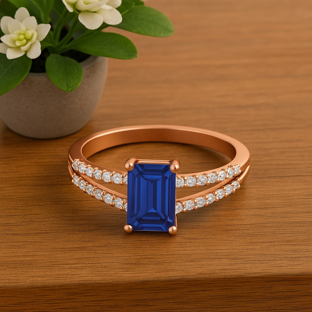 Blue Sapphire Split Shank Accent Ring - Sterling Silver