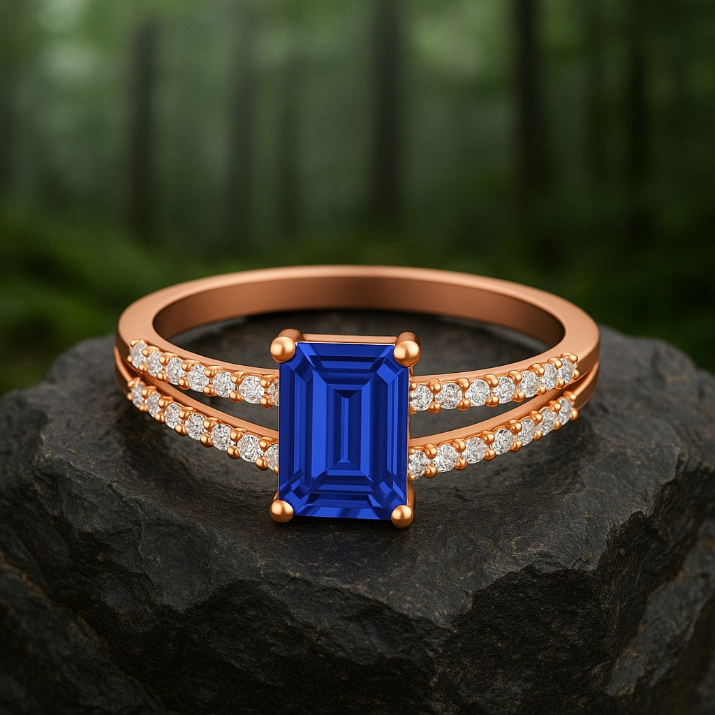 Blue Sapphire Split Shank Accent Ring - Sterling Silver