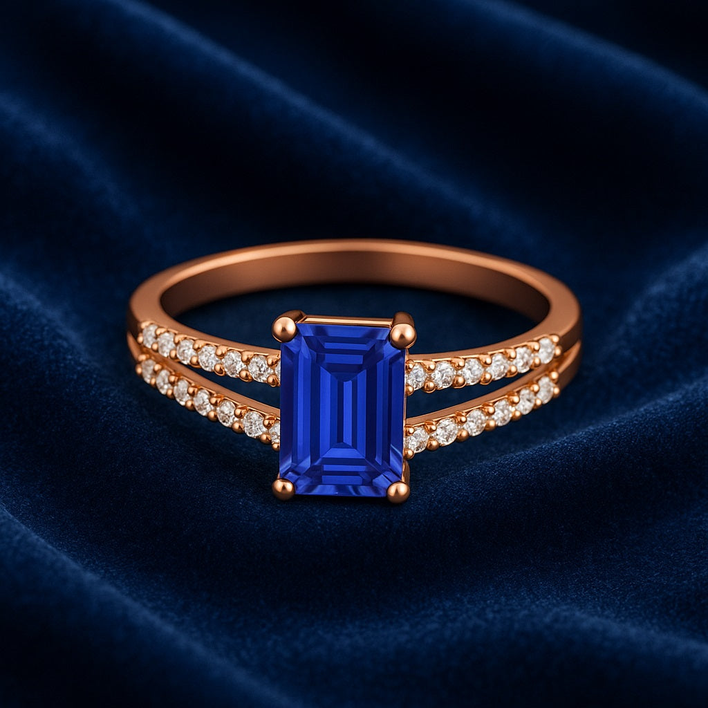 Blue Sapphire Split Shank Accent Ring - Sterling Silver