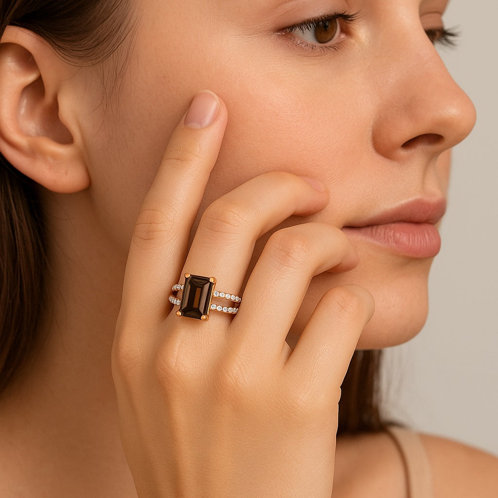 Anello con gambo diviso in quarzo fumé - Argento Sterling