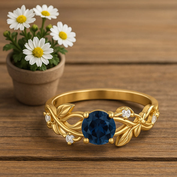 925 Sterling Silver Blue Sapphire Leaf Vine Ring