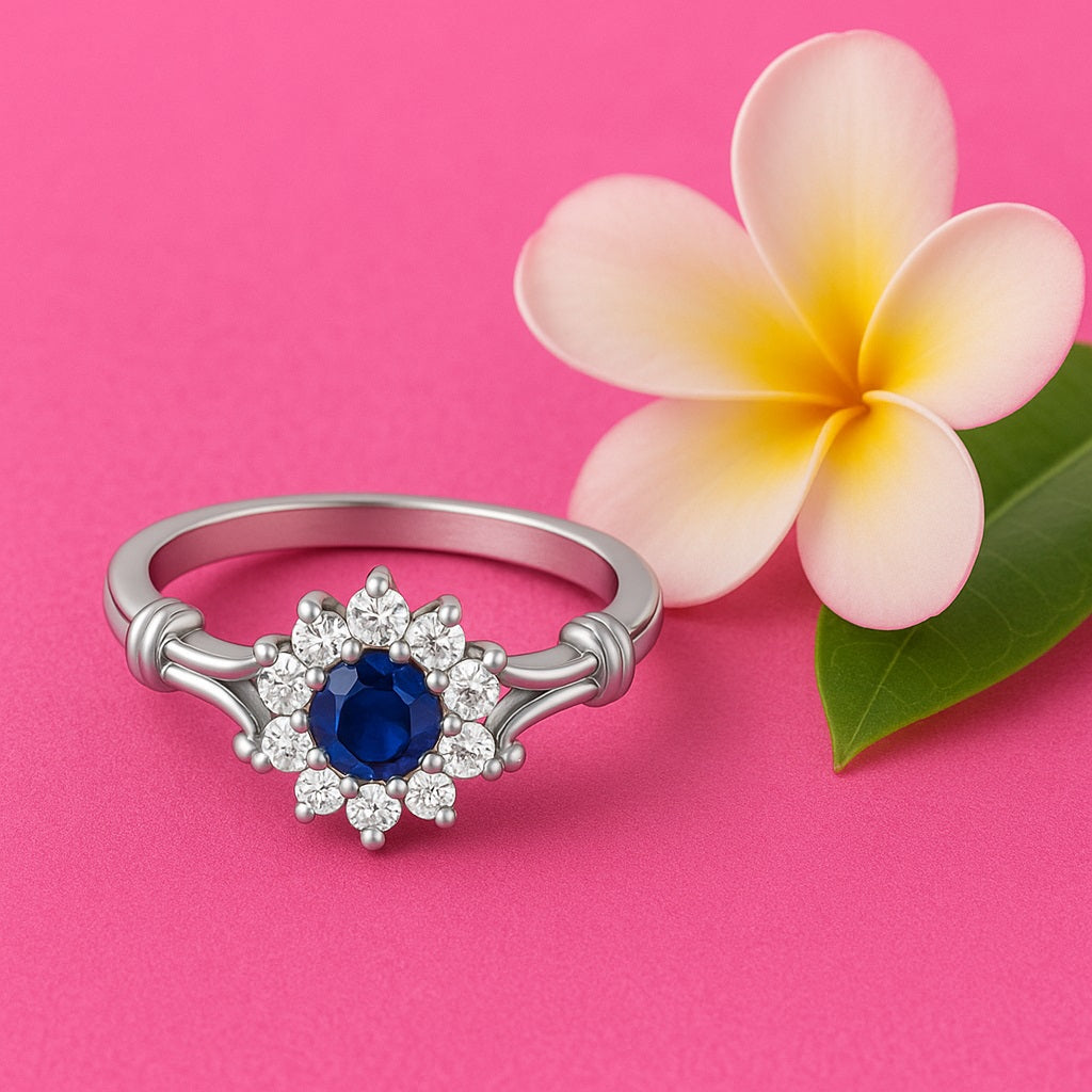 Blue Sapphire Floral Halo Design Ring – Sterling Silver