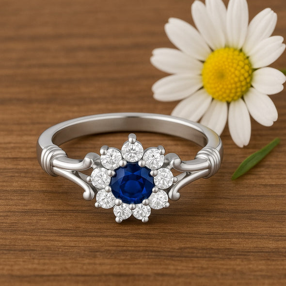 925 Sterling Silve Blue Sapphire Floral Ring