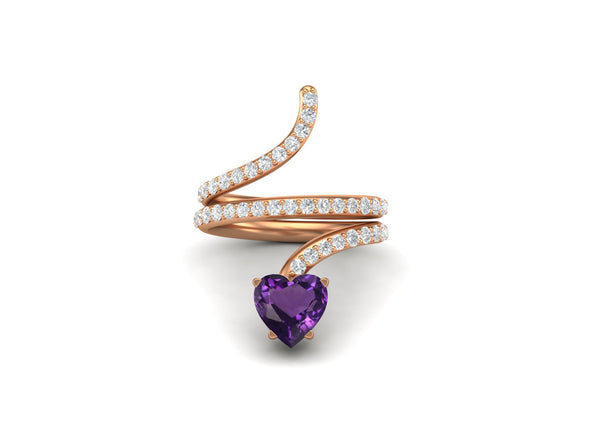 7MM Amethyst Heart Shaped Wrap Bypass Snake Wedding Ring 925 Sterling Silver Bridal Ring