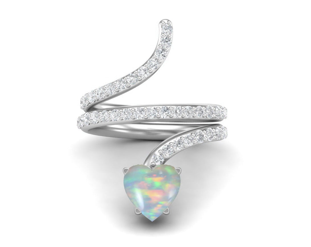 Anello a forma di serpente con cuore in opale da 7 mm in argento sterling 925