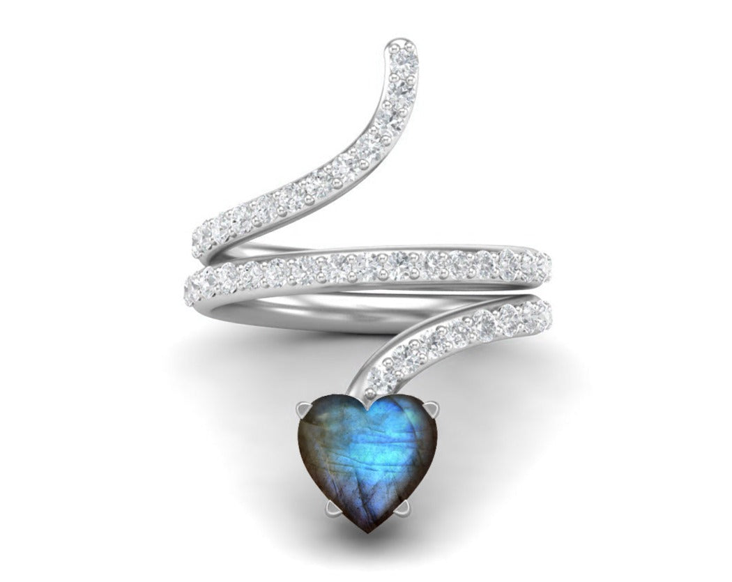 Anello a forma di serpente in labradorite a forma di cuore da 7 mm in argento sterling 925