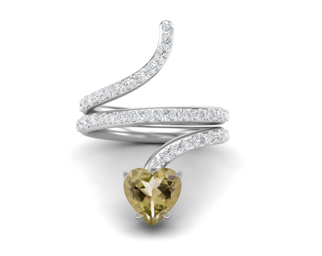 Anello a forma di serpente con cuore in quarzo limone da 7 mm in argento sterling 925