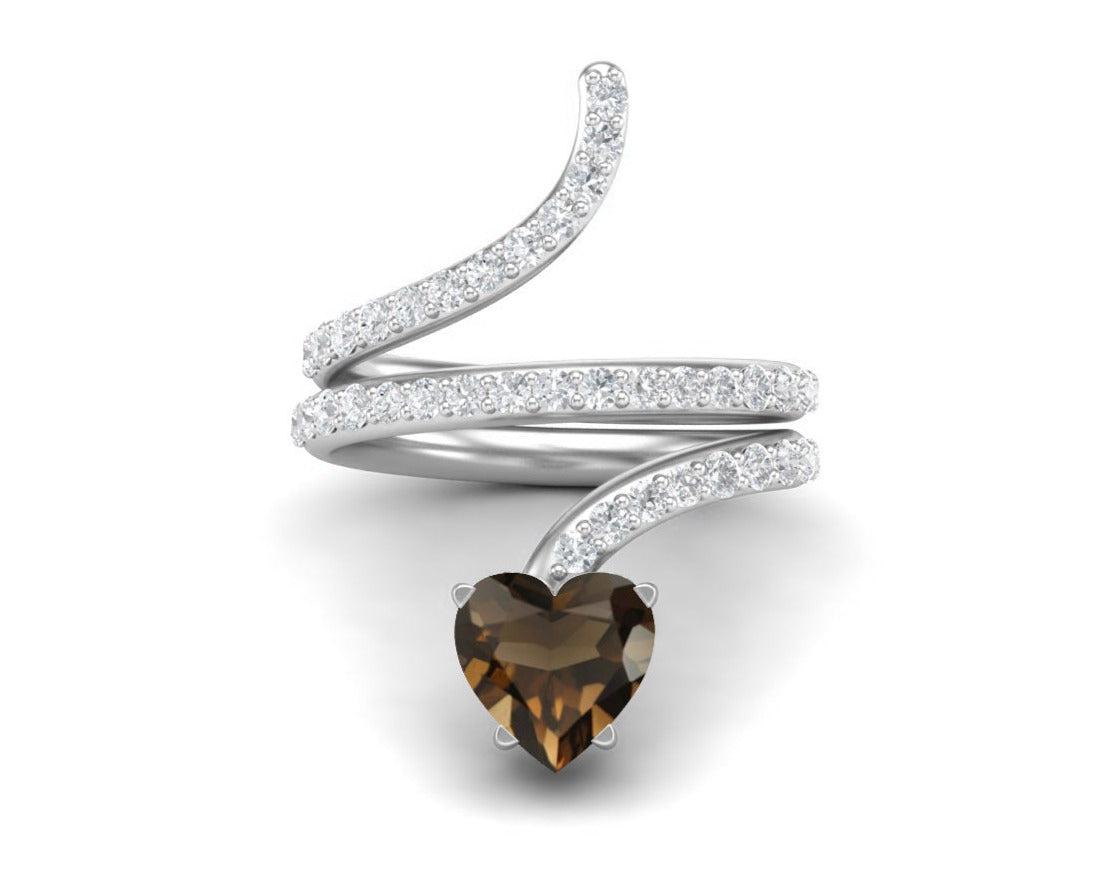 Anello a forma di serpente in quarzo fumé a forma di cuore da 7 mm in argento sterling 925