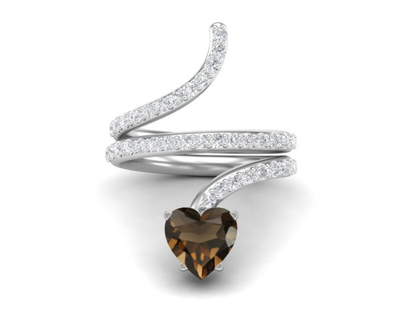 925 Sterling Silver Smoky Quartz Bypass Cobra Snake Wedding Ring Vintage Heart Shaped Ring