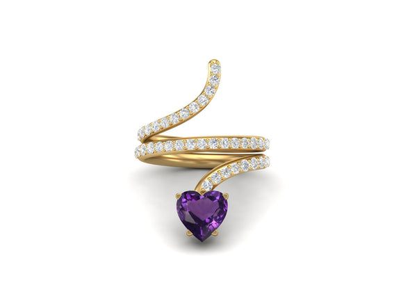 7MM Amethyst Heart Shaped Wrap Bypass Snake Wedding Ring 925 Sterling Silver Bridal Ring