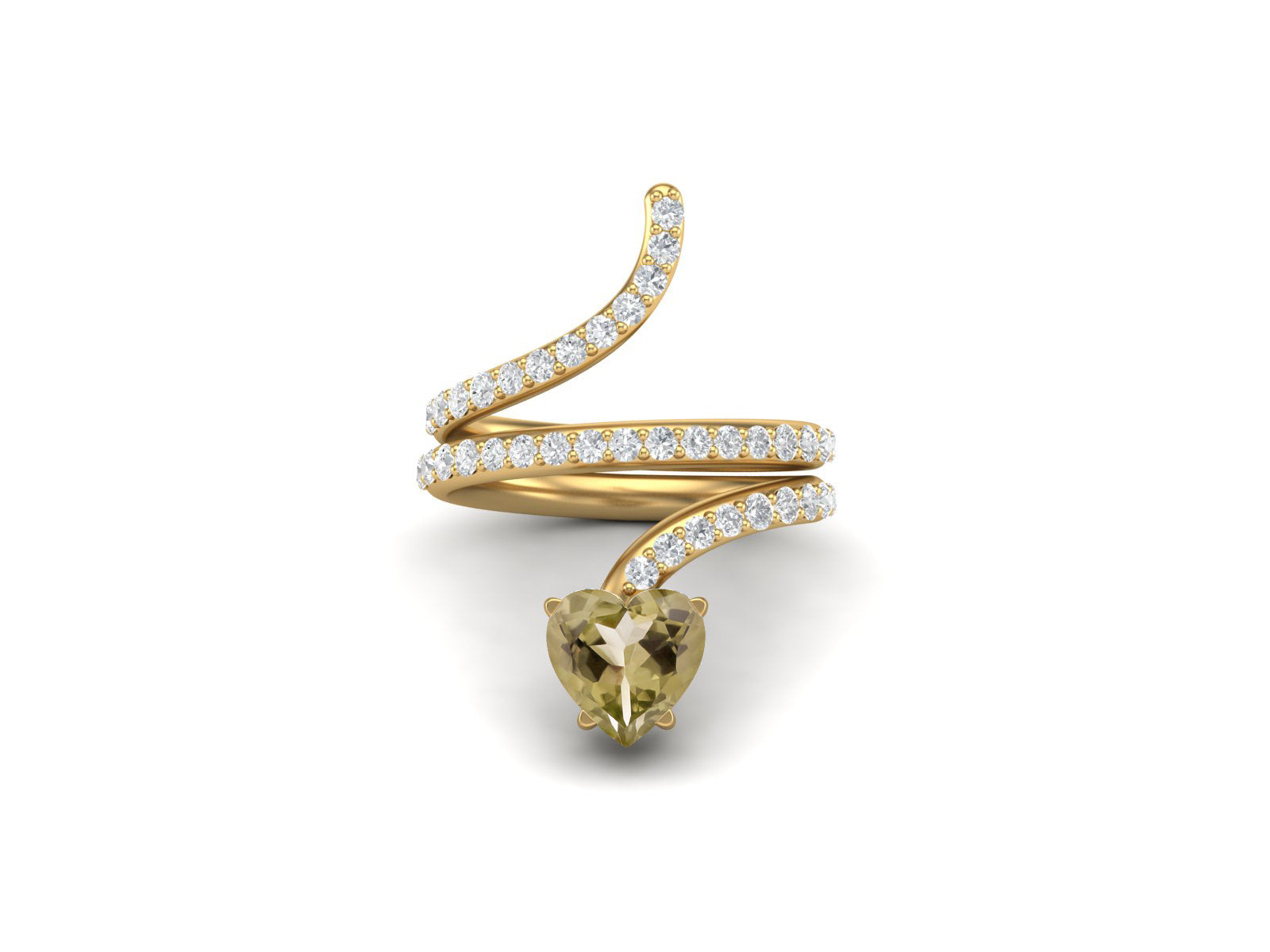Anello a forma di serpente con cuore in quarzo limone da 7 mm in argento sterling 925