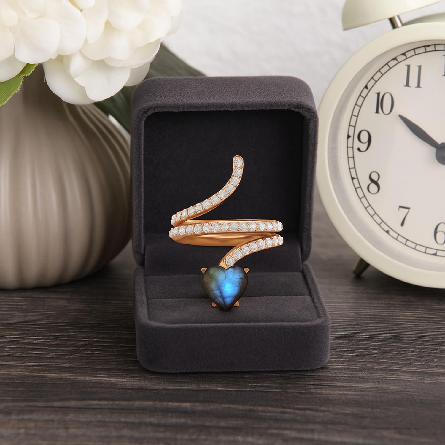 Anello a forma di serpente in labradorite a forma di cuore da 7 mm in argento sterling 925