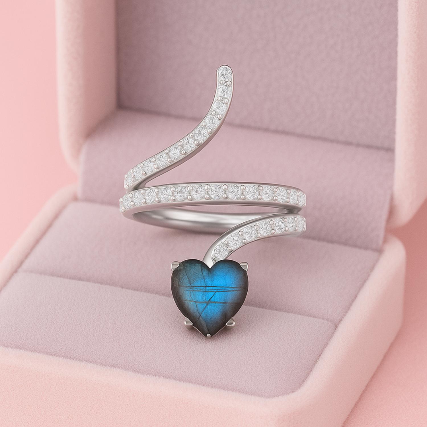 Anello a forma di serpente in labradorite a forma di cuore da 7 mm in argento sterling 925