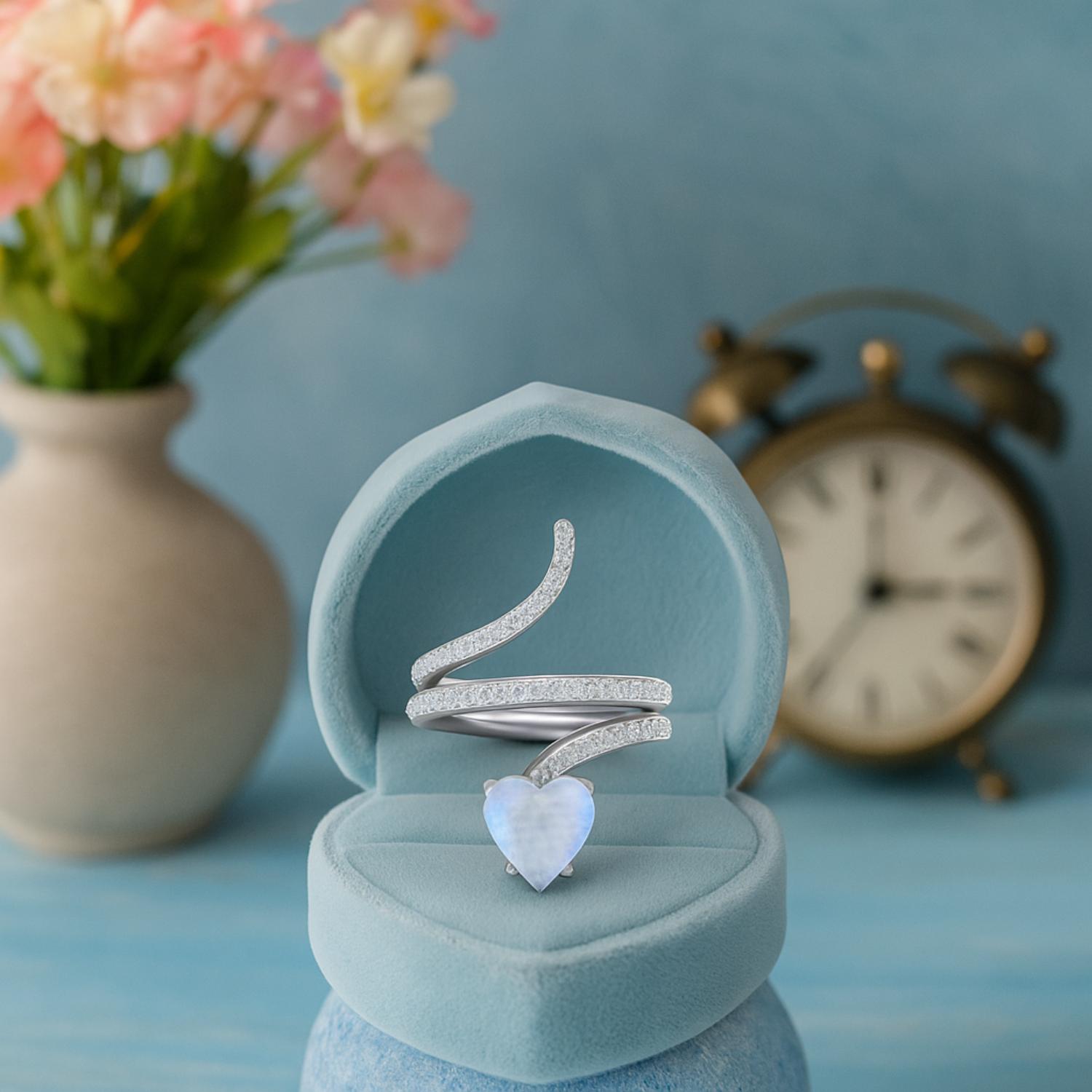 Moonstone Heart-Shaped Snake Ring - Sterling Silver