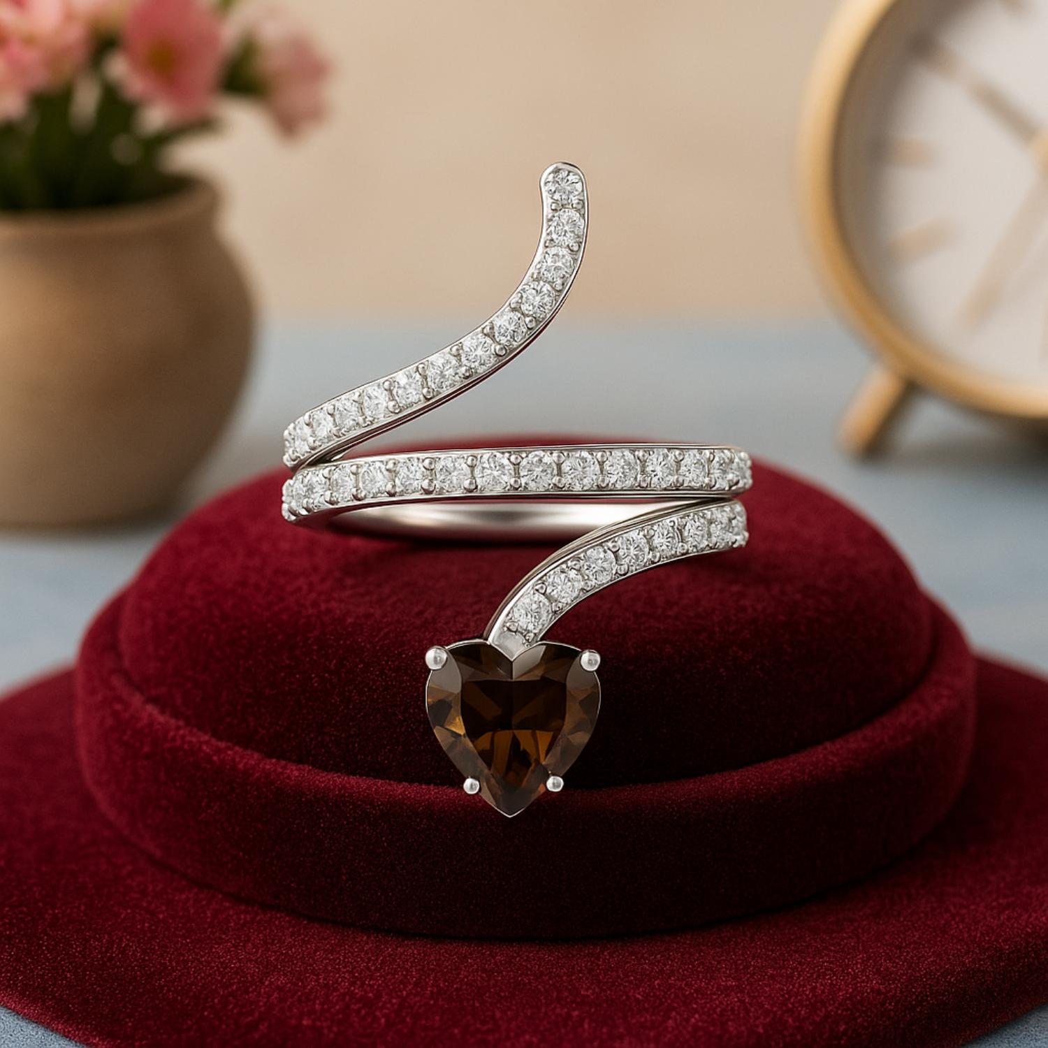 Anello a forma di serpente in quarzo fumé a forma di cuore da 7 mm in argento sterling 925