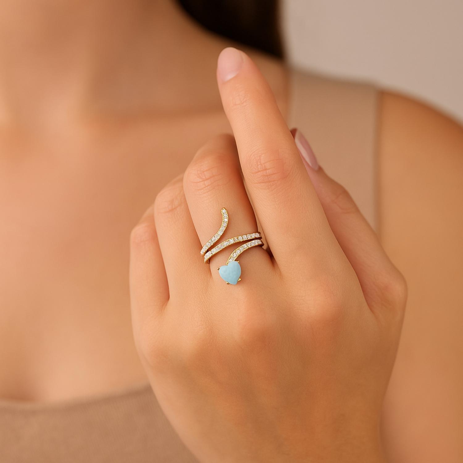 Anello a forma di serpente con pietra preziosa Larimar a forma di cuore da 7 mm