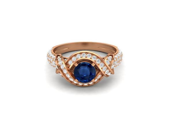 Round Cut Art Deco Blue Sapphire Wedding Ring 925 Sterling Silver Bridal Ring