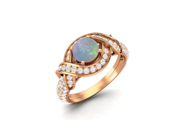 Round Shaped Opal Engagement Ring Art Deco Cubic Zirconia Wedding Ring