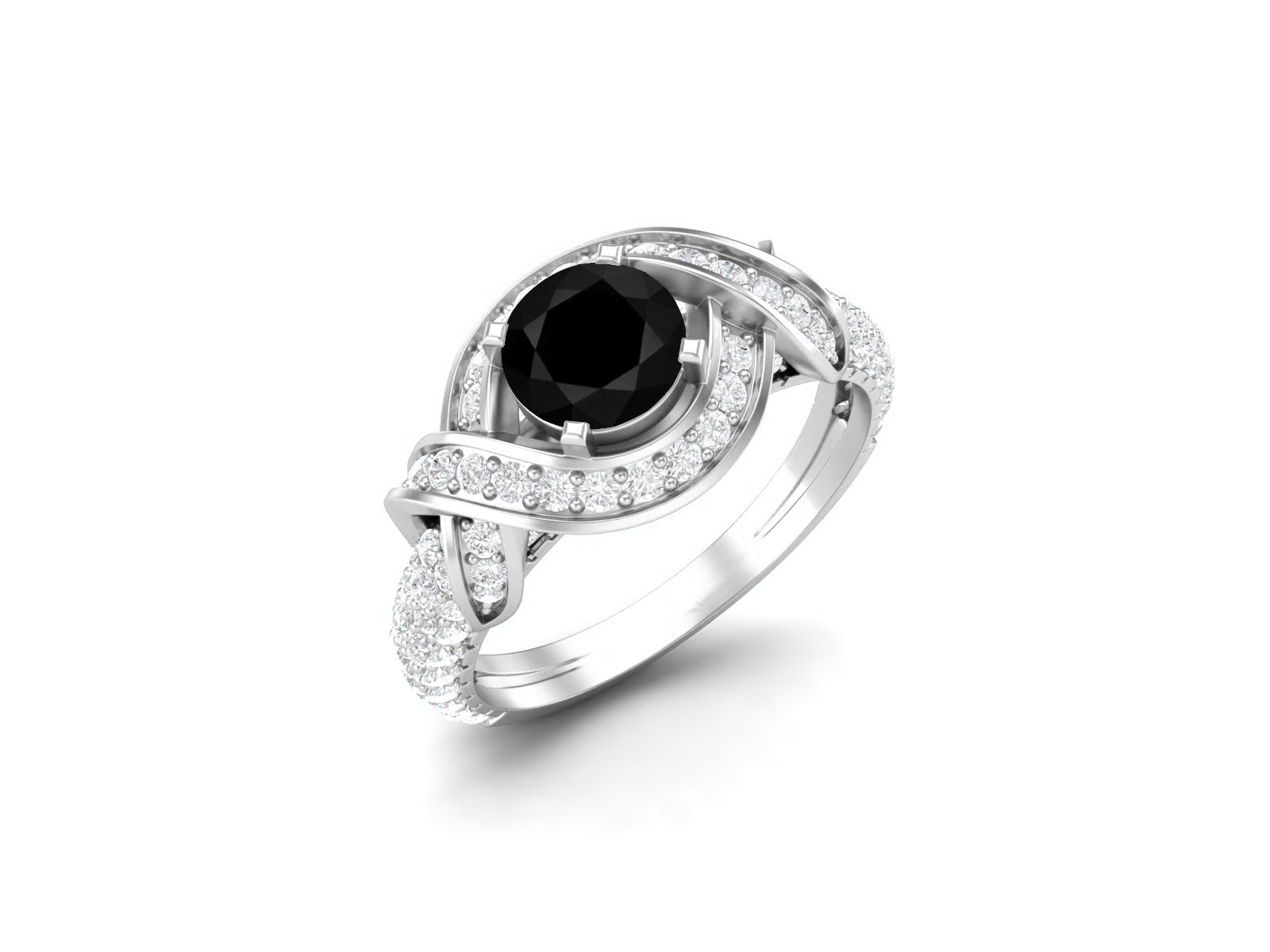 Black Spinel Twisted Halo and Pave Band Ring - Sterling Silver