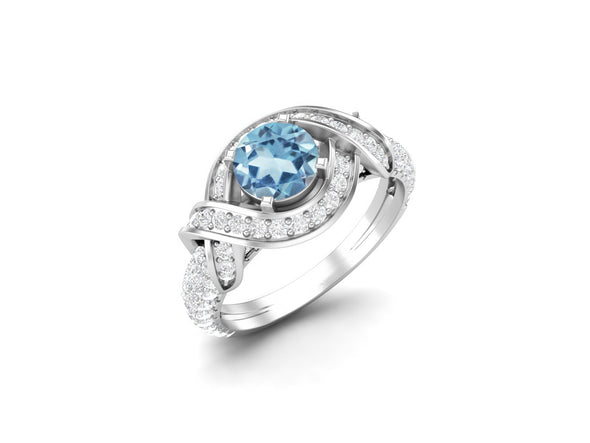 Natural Blue Topaz Cubic Zirconia Engagement Ring Round Shaped Silver Ring