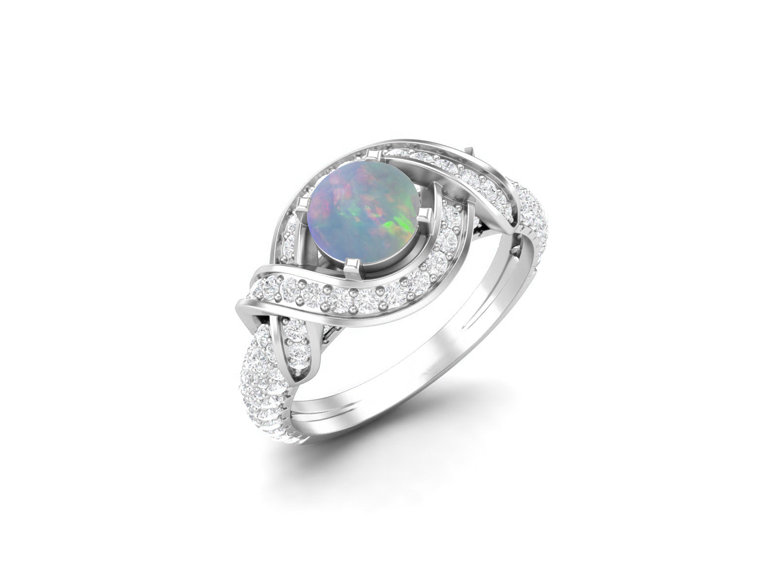 Opal Twisted Halo and Pave Band Ring - Sterling Silver