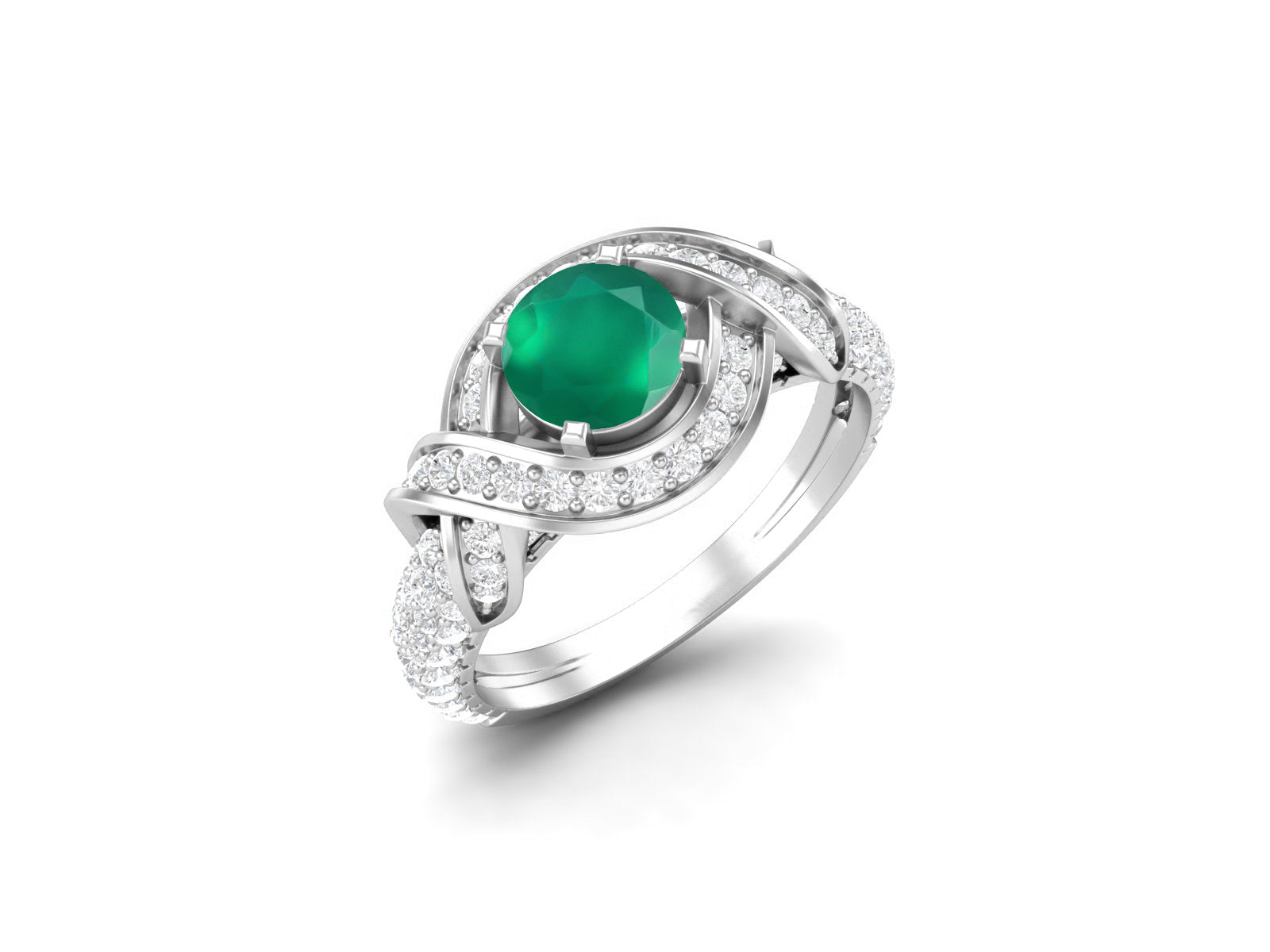 Green Onyx Twisted Halo and Pave Band Ring - Sterling Silver