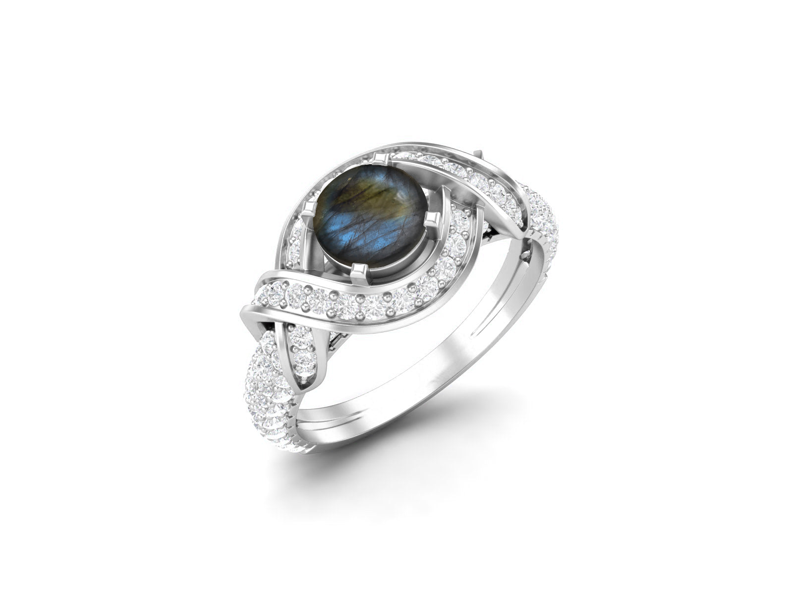 Labradorite Twisted Halo and Pave Band Ring - Sterling Silver