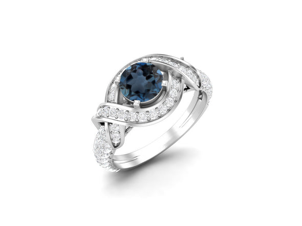 Round Shaped London Blue Topaz Engagement Ring 925 Sterling Silver Wedding Gift Ring