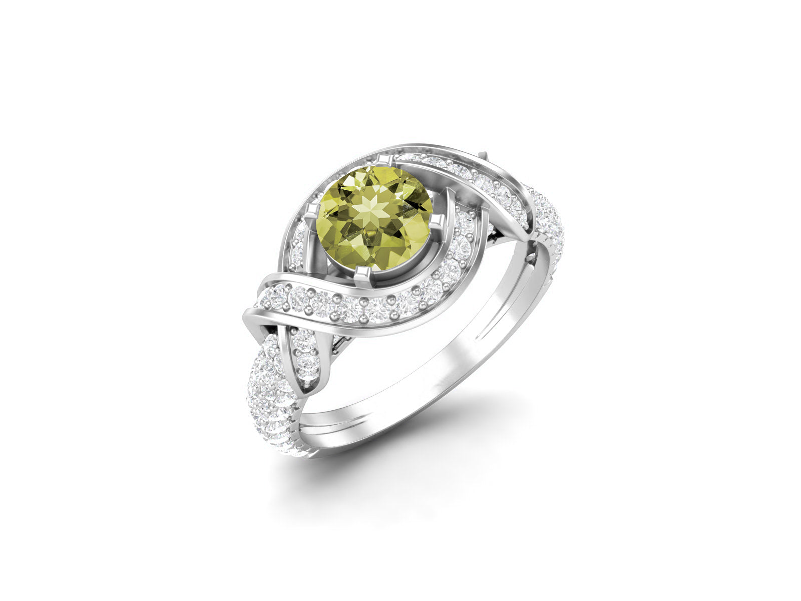 Lemon Quartz Twisted Halo and Pave Band Ring - Sterling Silver