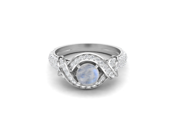 Rainbow Moonstone Wedding Ring Unique 925 Sterling Silver Bridal Ring Art Deco Style Ring