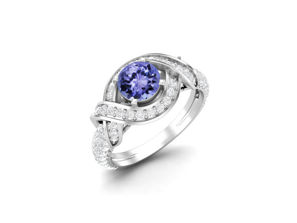 Round Shaped Tanzanite Engagement Ring 925 Sterling Silver Bridal Ring