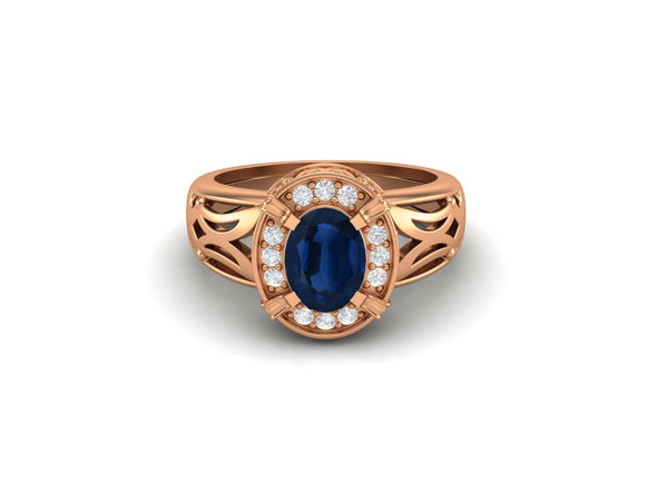 Art Deco Filigree Blue Sapphire Wedding Ring Oval Shaped Stone Engagement Ring