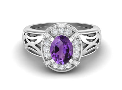 8x6mm Oval Shape Purple Amethyst 925 Sterling Silver Filigree Celtic Solitaire Wedding Ring
