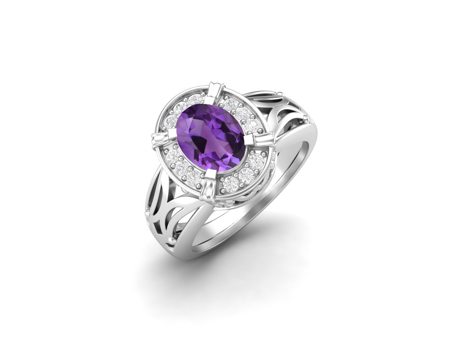 Amethyst Filigree Halo Design Ring – Sterling Silver