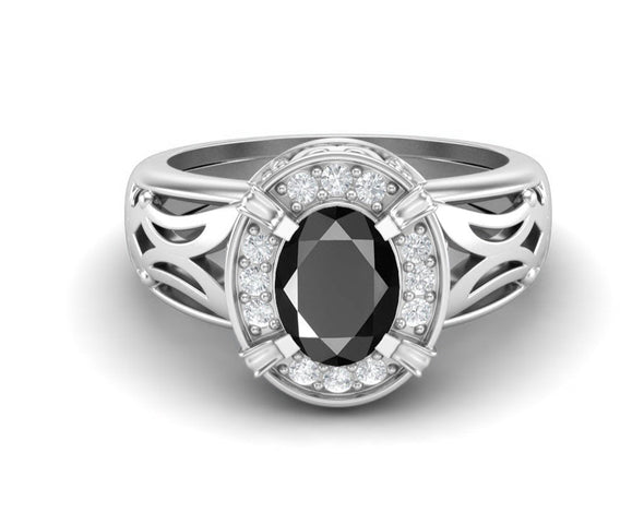 925 Sterling Silver Black Spinel Oval Shaped Wedding Ring Art Deco Filigree Engagement Ring