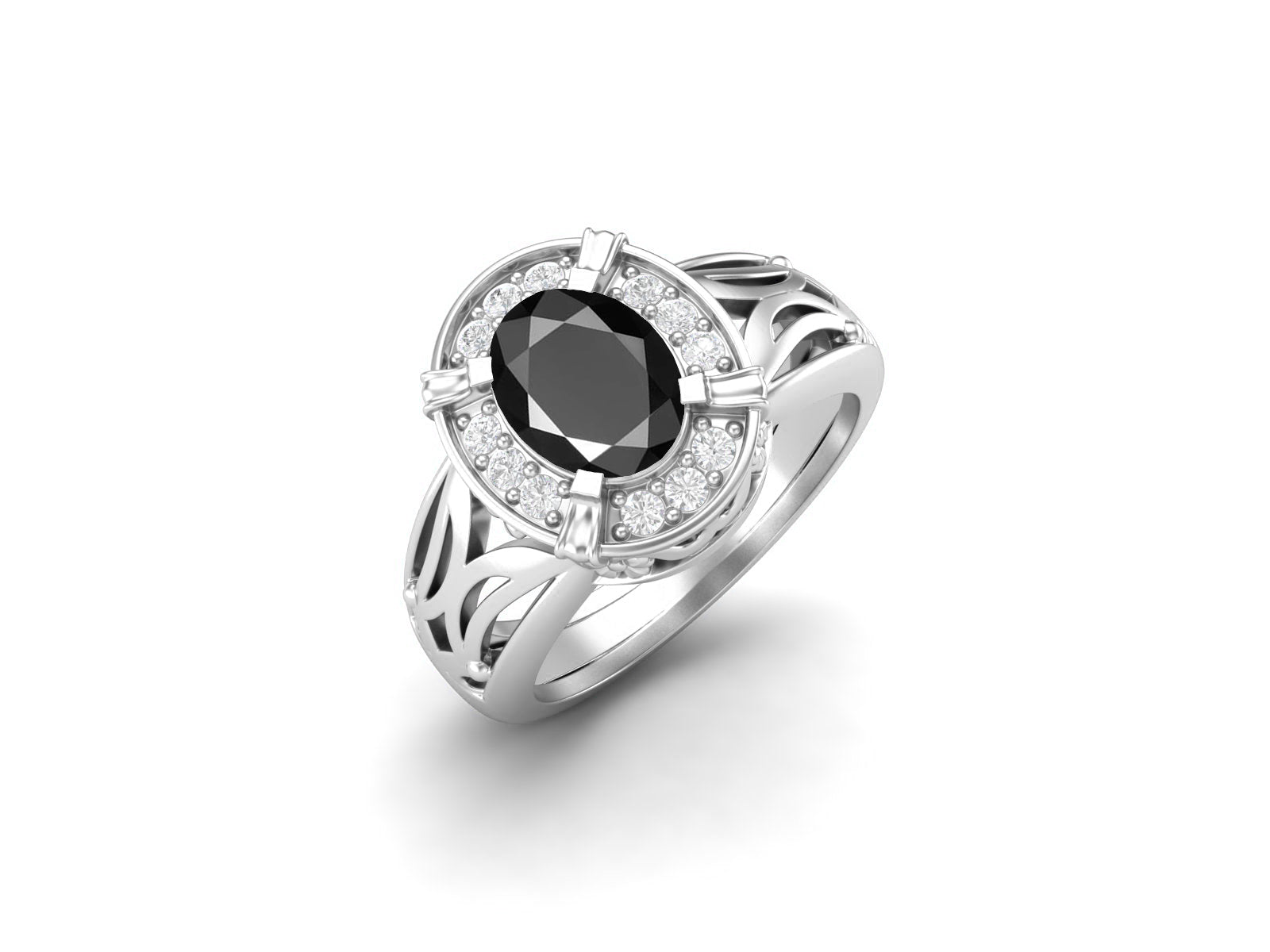 Black Spinel Oval Filigree Halo Design Ring - Sterling Silver