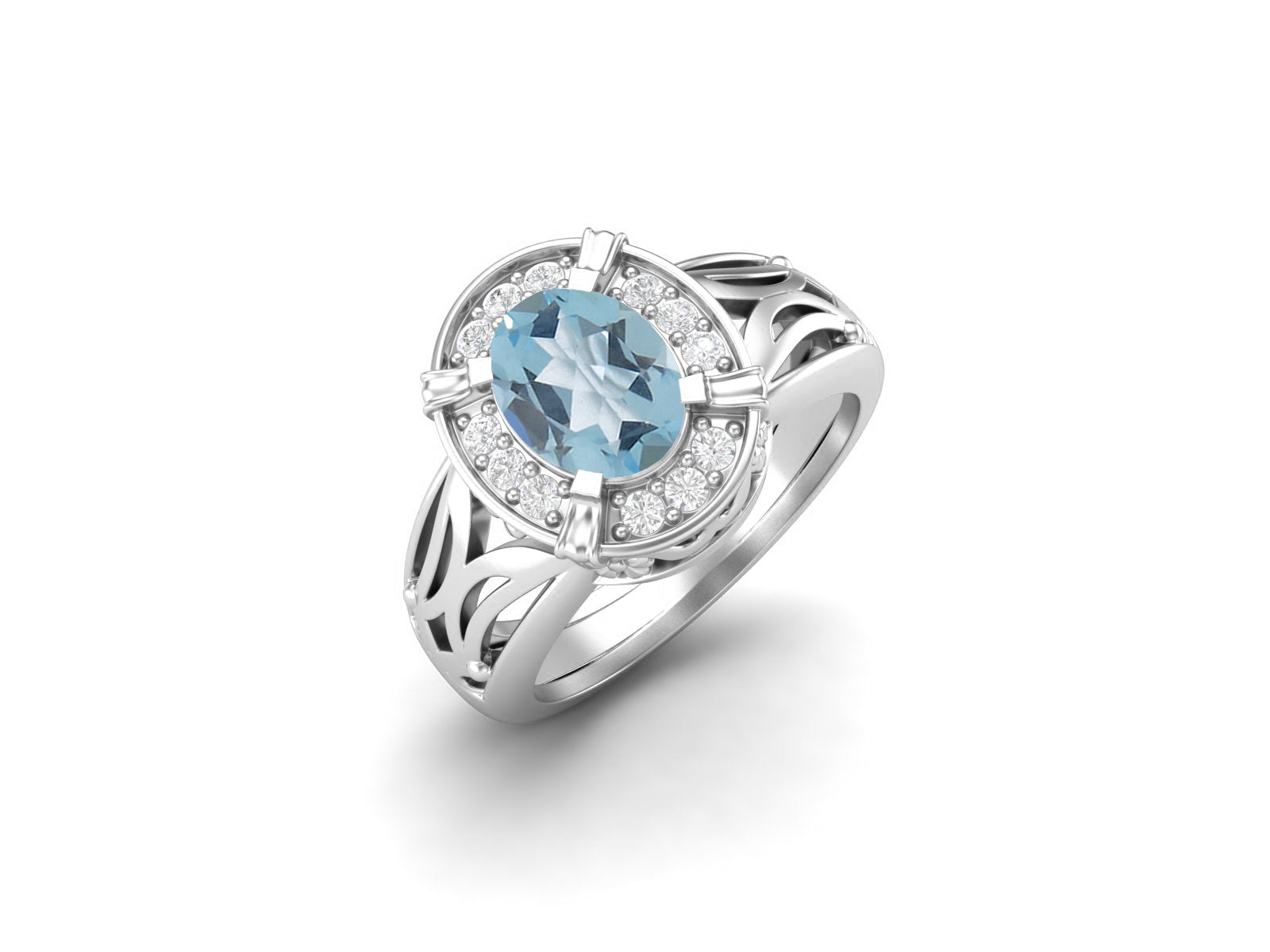 Blue Topaz Oval Filigree Halo Design Ring - Sterling Silver