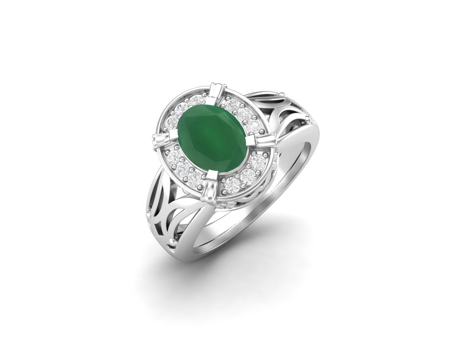 Green Onyx Oval Filigree Halo Design Ring - Sterling Silver