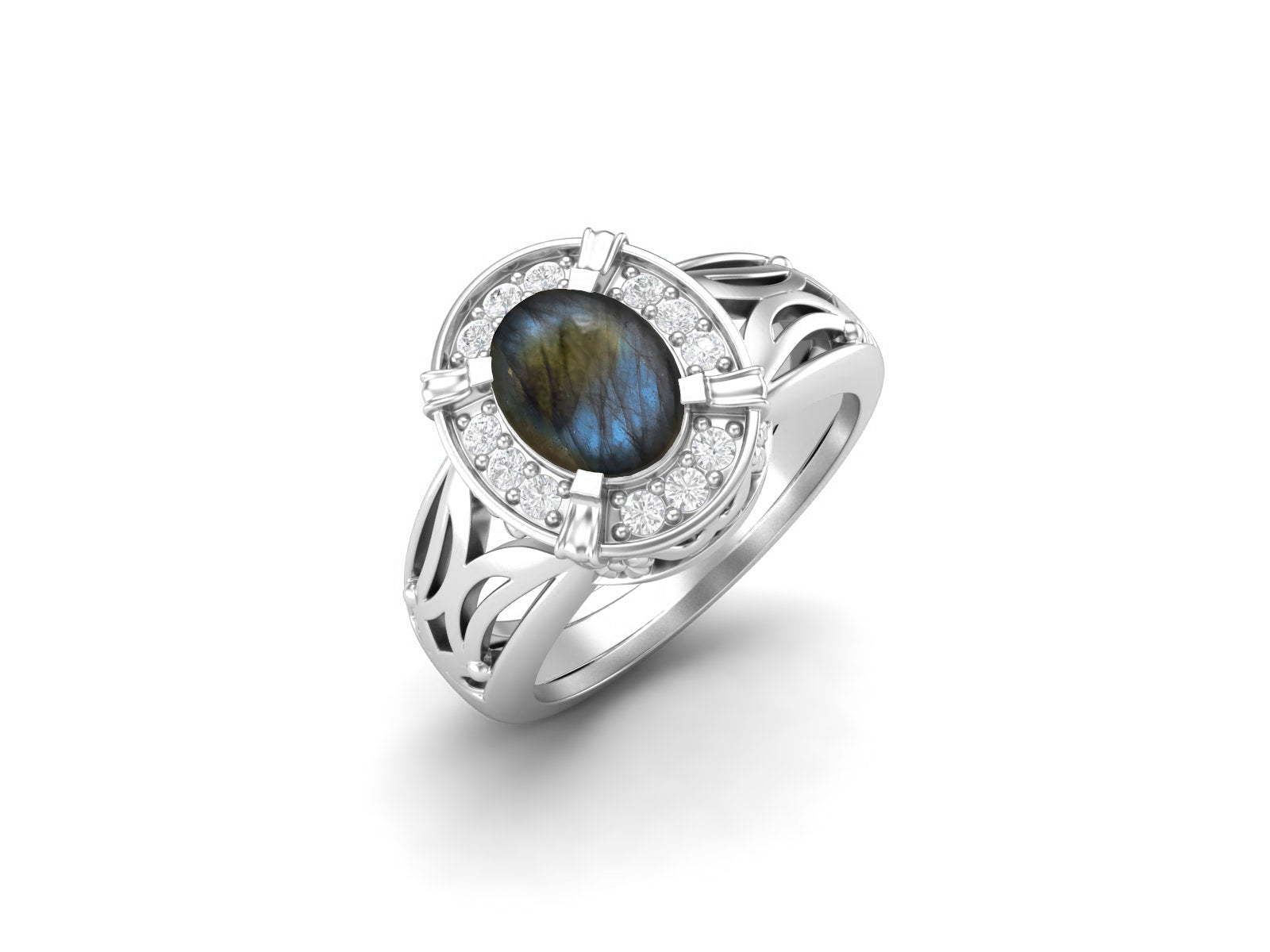 Labradorite Oval Filigree Halo Design Ring - Sterling Silver