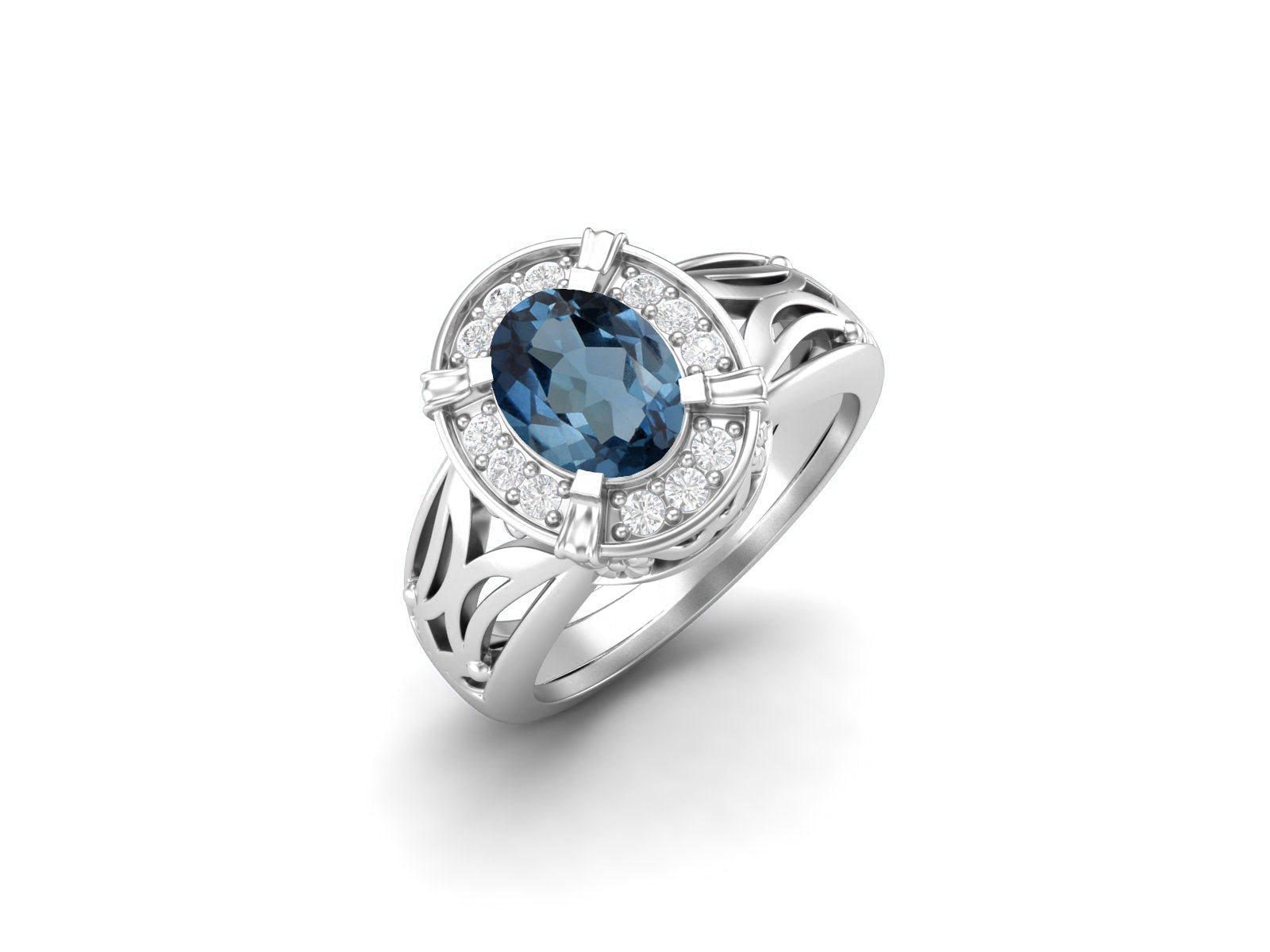 London Blue Topaz Filigree Halo Design Ring – Sterling Silver
