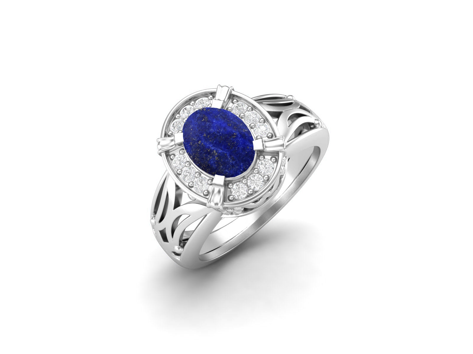 Lapis Lazuli Oval Filigree Halo Design Ring - Sterling Silver